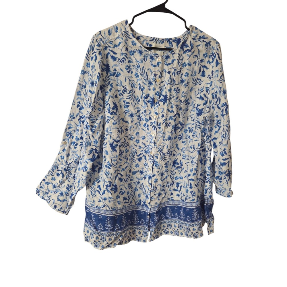 Joie Blue White Floral Linen Boho Roll-Tab Button-Up Blouse Top 1X NWT